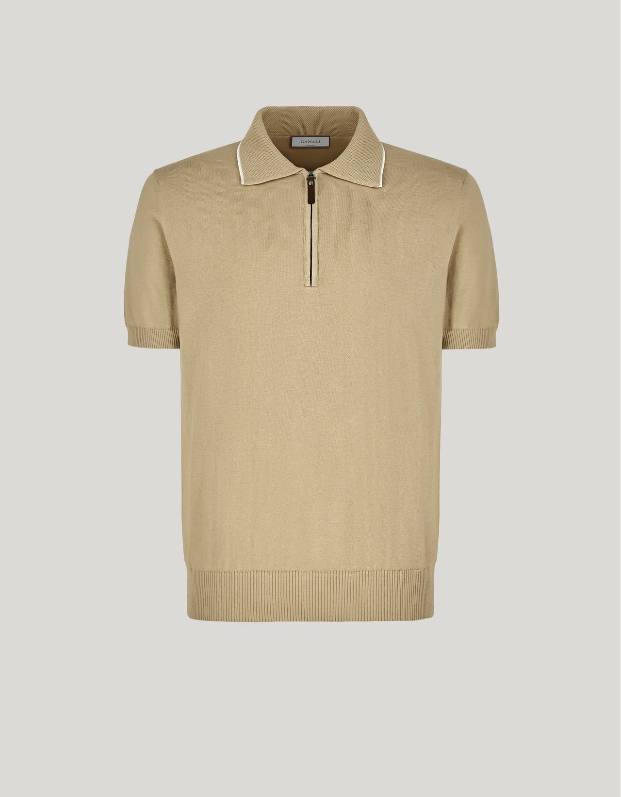 Canali Polo Zippé En Coton Rasé Beige Et Glace In Brown
