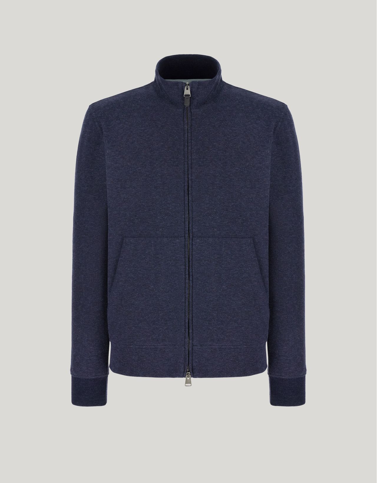Canali Full-zip Sweatshirt In Navy Double-face Cotton With Mock Neck In Blue