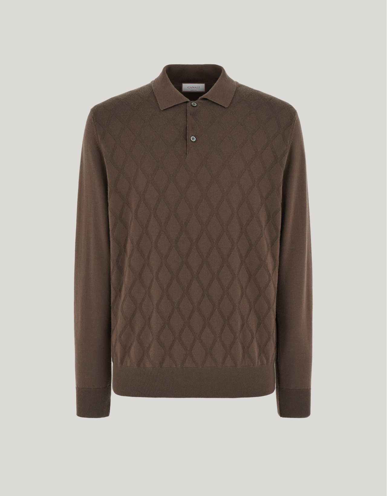 Canali Polo À Boutons Avec Texture En Losange Sur Le Devant Et Fausses Coudières, Manches Et Au Dos En Jers In Brown