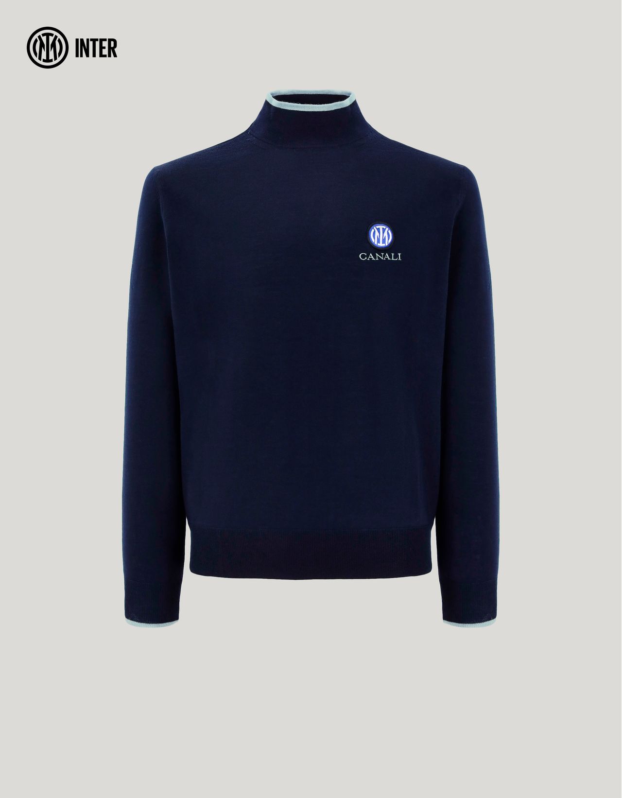 Canali Navy Blue Pure Wool Mock Neck Sweater With Ribbed Details - Inter Collection In Blue