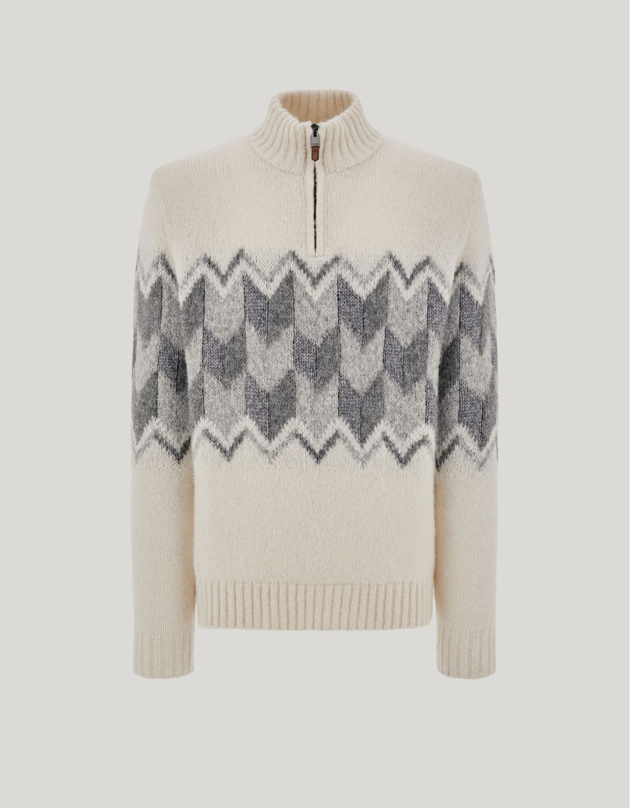 Canali Cream Zippered Mock Neck Sweater With Gray Tones In An Alpaca Blend In Neutral